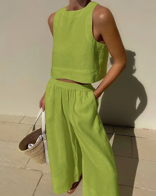 Conjunto casual de lino de color liso