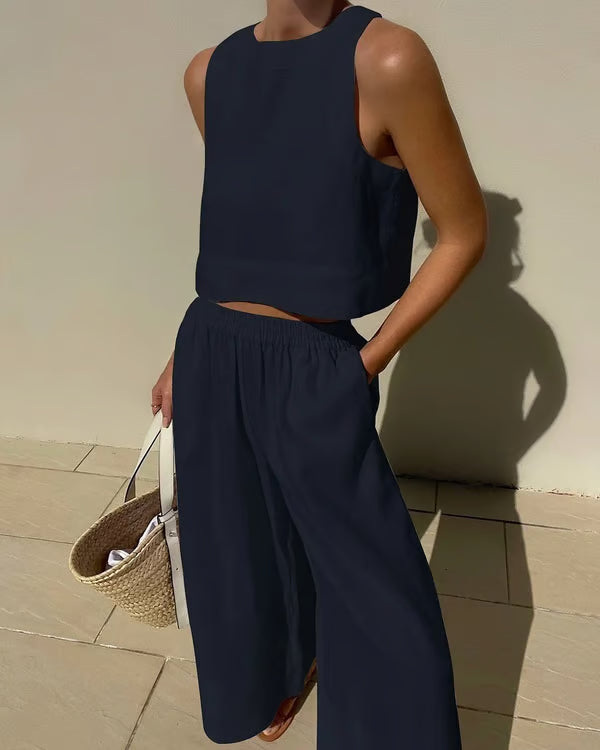Conjunto casual de lino de color liso