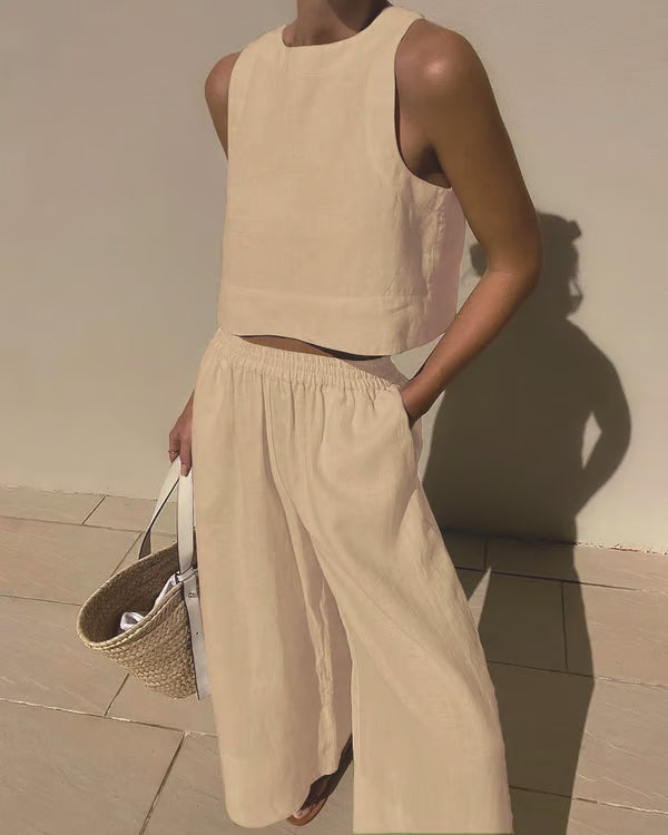 Conjunto casual de lino de color liso