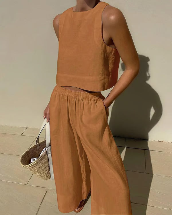 Conjunto casual de lino de color liso