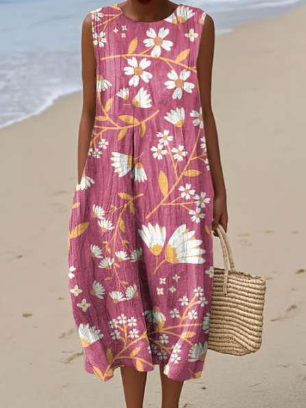 Vestido lino rosa con margaritas