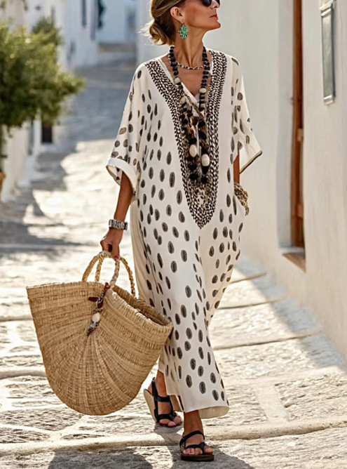 Vestido de lino largo con estampado tribal