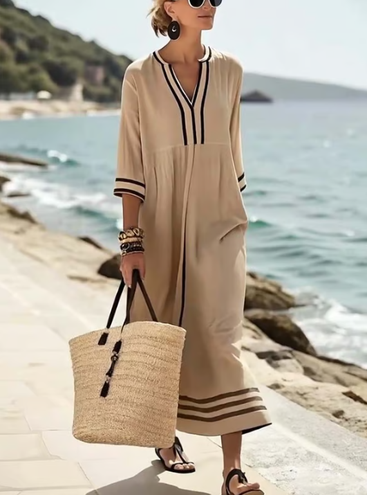 Vestido de lino largo con detalle contrastado