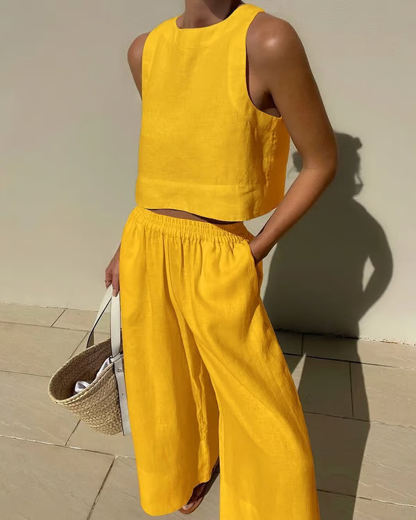 Conjunto casual de lino de color liso