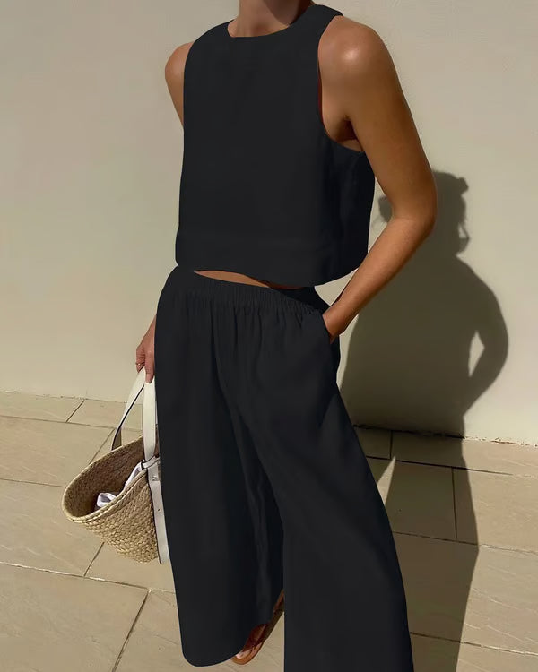 Conjunto casual de lino de color liso