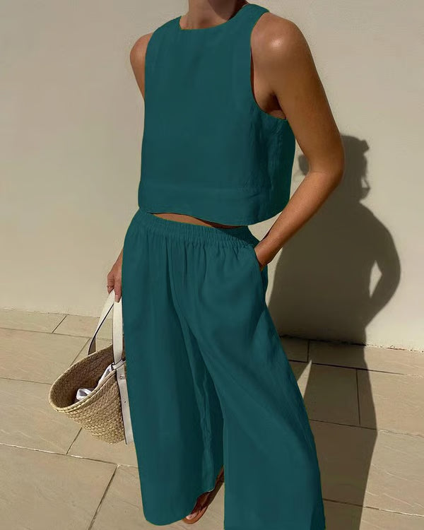 Conjunto casual de lino de color liso
