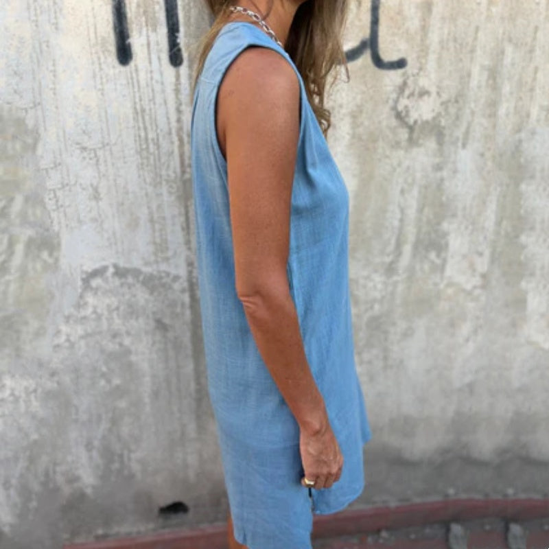 Anaïs I Vestido sin Mangas con Botones y Bolsillos