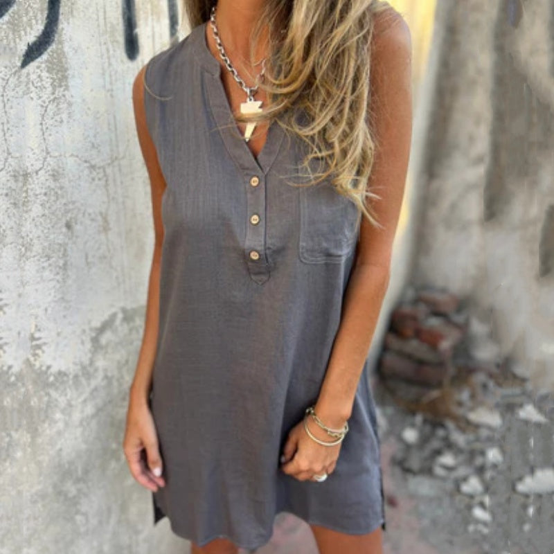Anaïs I Vestido sin Mangas con Botones y Bolsillos