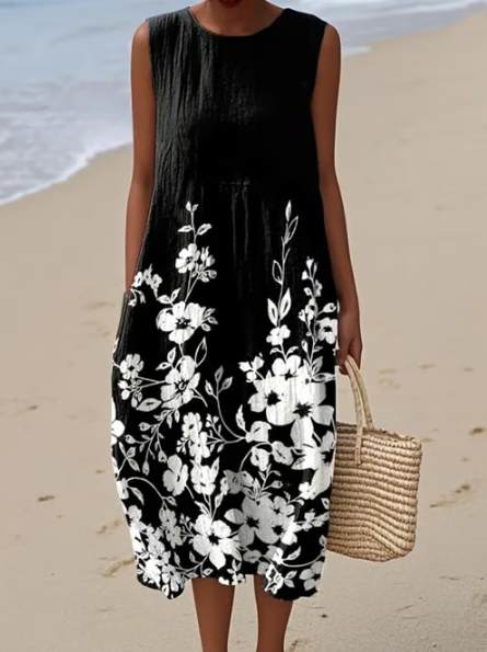 Vestido lino negro con flores blancas