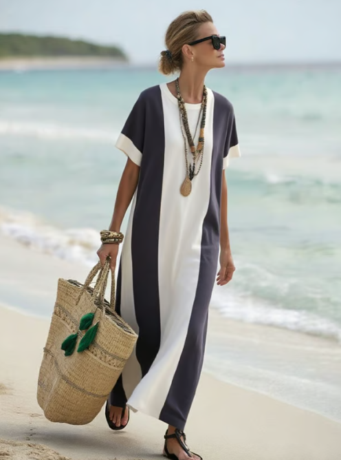 Vestido de lino largo con bloques elegantes