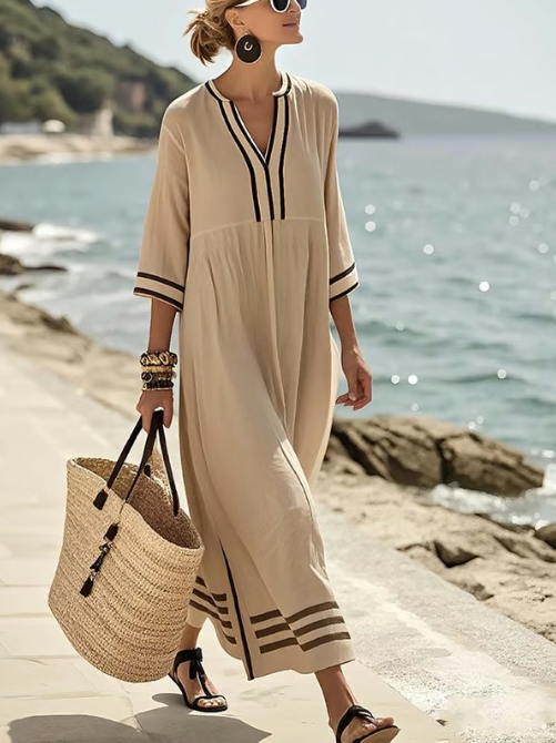 Vestido de lino largo con detalle contrastado