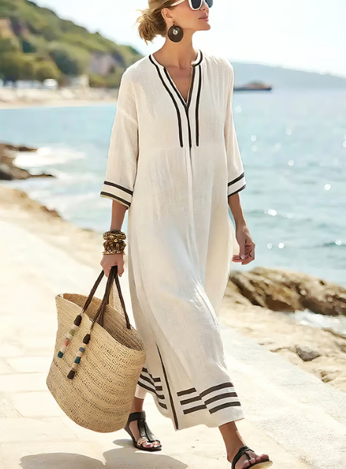 Vestido de lino largo con detalle contrastado