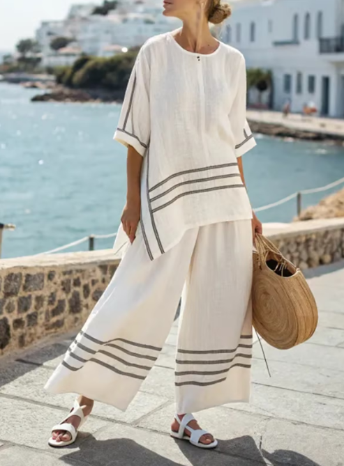 Conjunto de lino de dos piezas con rayas suaves