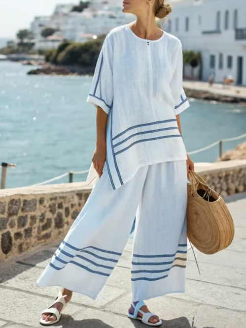 Conjunto de lino de dos piezas con rayas suaves