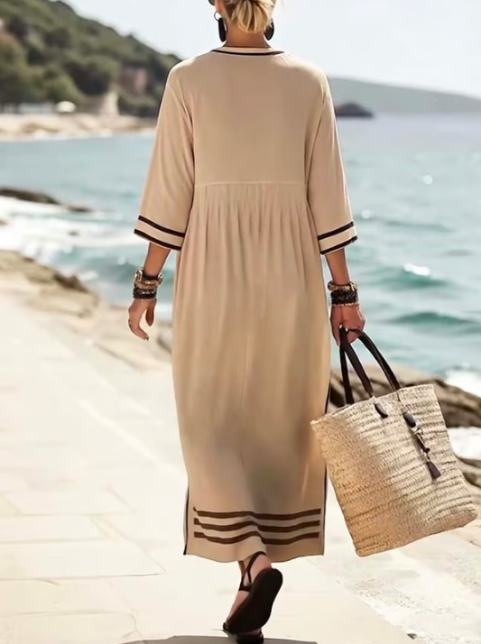 Vestido de lino largo con detalle contrastado